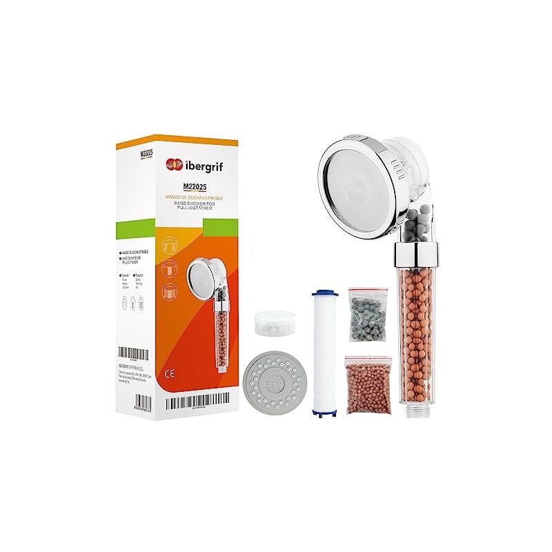 foto del prodotto ibergrif m22025, soffione doccia ad alta pressione, soffione doccia a 3 modalit , con filtro a 3 strati, risparmio idrico
