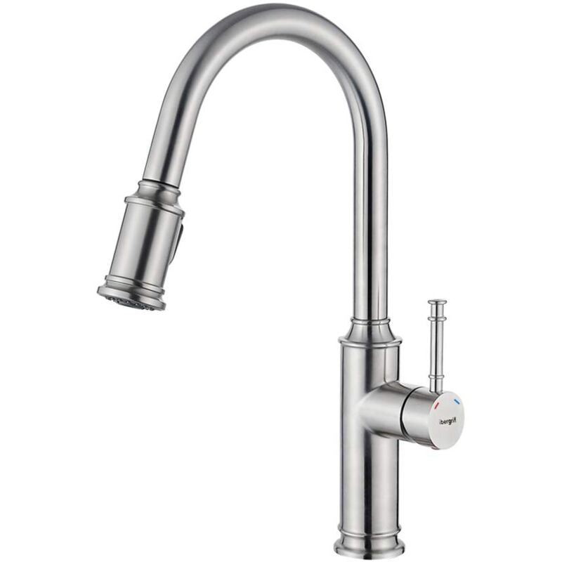 foto del prodotto ibergrif m22132 miscelatore da cucina con doccetta estraibile, rubinetto monocomando per lavello, nichel spazzolato