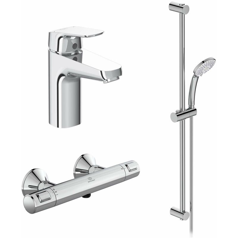 foto del prodotto ideal standard ceraflex, set miscelatori bagno, kit rubinetti monocomando per lavabo con bocca alta e per vasca o doccia, cromato