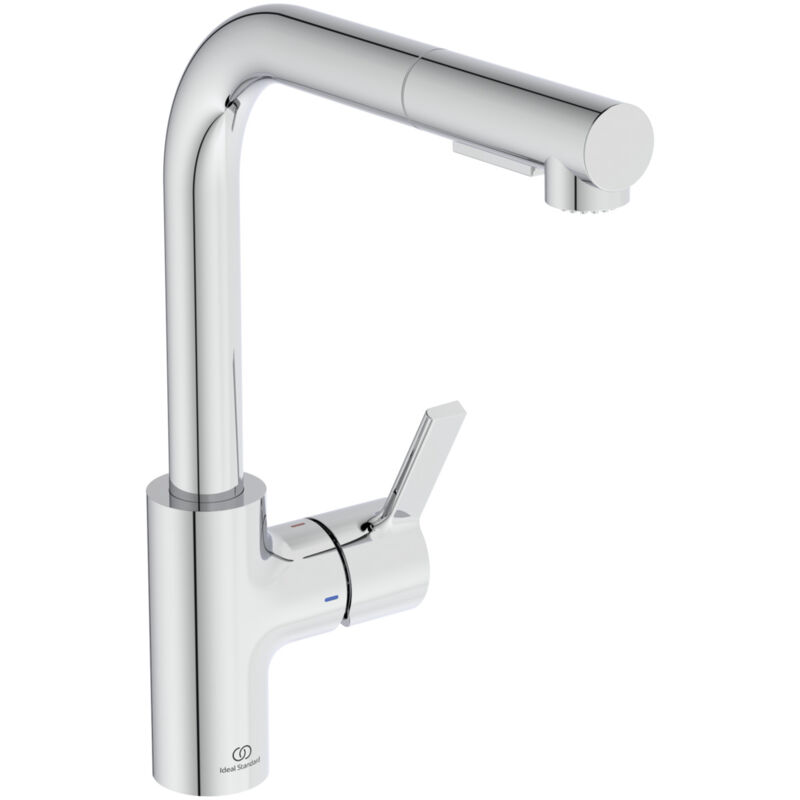 foto del prodotto ideal standard gusto, miscelatore monocomando per lavello da cucina, bocca ad l tubolare con doccetta orientabile ed estraibile a due funzioni,