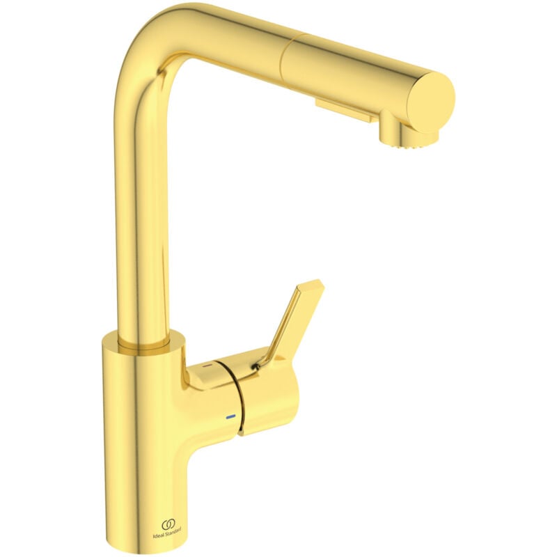 foto del prodotto ideal standard gusto, miscelatore monocomando per lavello da cucina, bocca ad l tubolare con doccetta orientabile ed estraibile a due funzioni,