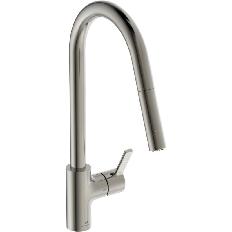 foto del prodotto ideal standard gusto, miscelatore monocomando per lavello da cucina, bocca alta tubolare con doccetta orientabile ed estraibile a due funzioni,