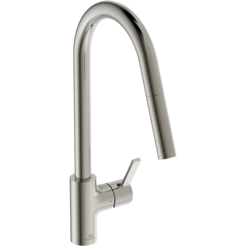 foto del prodotto ideal standard gusto, miscelatore monocomando per lavello da cucina, bocca alta tubolare con doccetta orientabile ed estraibile a una funzione,