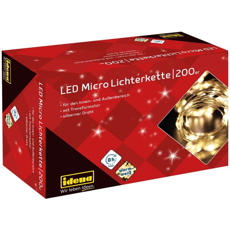 foto del prodotto idena 31857 micro catena luminosa a led con 200 led in bianco caldo, funzione timer 8 ore, spina e trasformatore, per feste, natale, decorazione,
