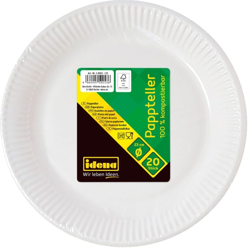 foto del prodotto idena 50053 piatti di carta bianchi, 20 pezzi, diametro 23 cm, ecologici e compostabili, piatti di carta, piatti di carta, stoviglie usa e getta