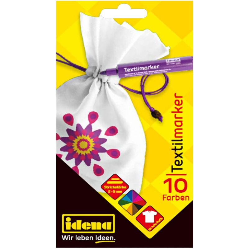foto del prodotto idena 61044 leggeri, 10 pennarelli colori vivaci, ottimoi per magliette, borse in tessuto e materiali vari, lettere stampate, multicolore