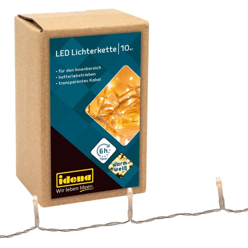 foto del prodotto idena 8582065 catena luminosa a led con 10 led in bianco caldo, con funzione timer 6 ore, a batteria, lunghezza circa 1 m, per uso interno, come