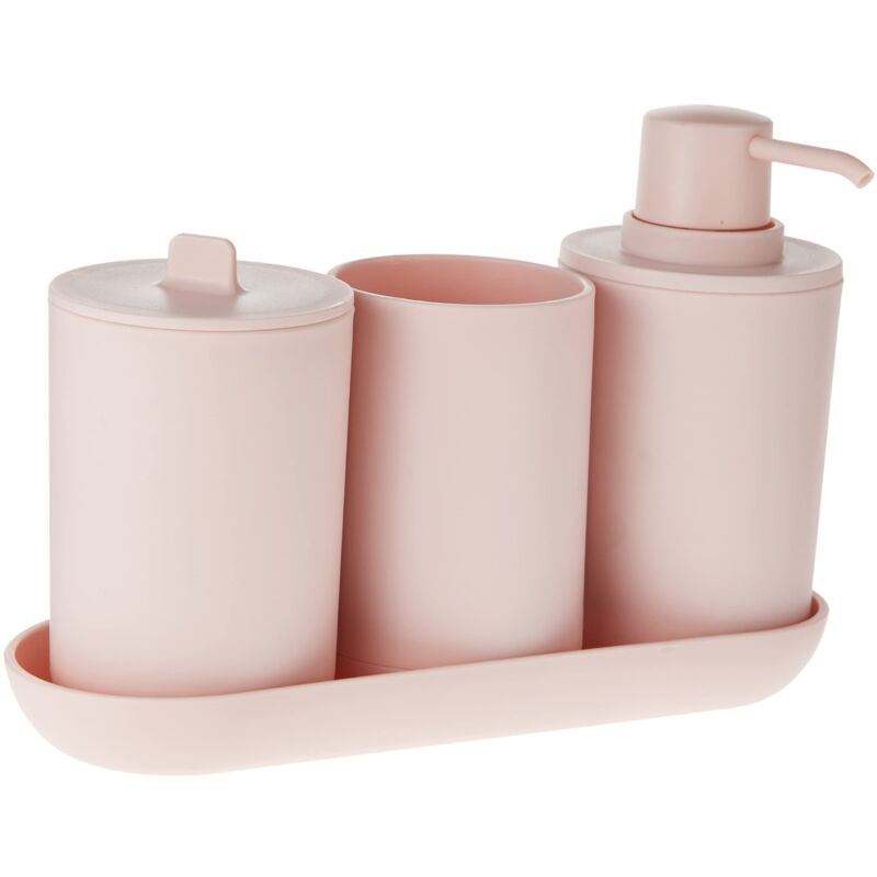 foto del prodotto idesign cade accessori bagno, set da 4 in plastica composto da dispenser sapone, portaspazzolini, contenitore cotone e vassoio, rosa, 24,5 cm x 8,9