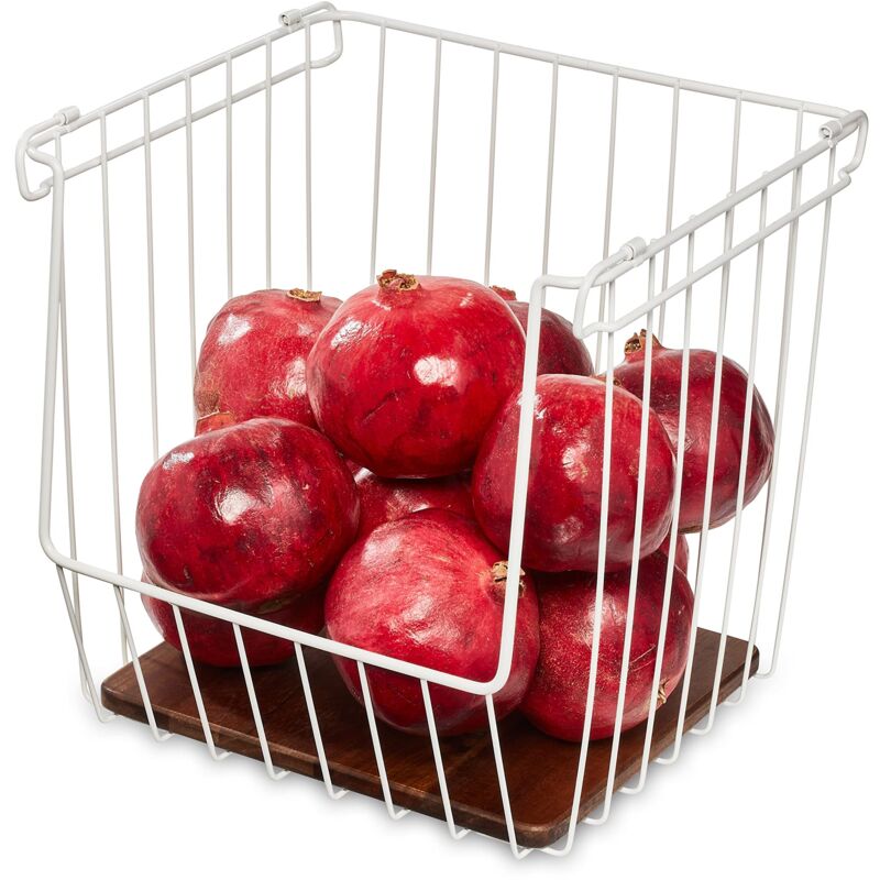 foto del prodotto idesign organizer cucina con apertura frontale in metallo e legno d acacia, porta frutta da tavolo con manici, organizer cucina salvaspazio per la