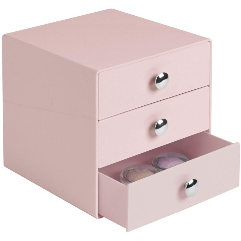 foto del prodotto idesign porta trucchi con 3 cassetti, mini cassettiera per trucco, gioielli e cosmetici, organizzatore trucchi in plastica a forma di cubo, rosa