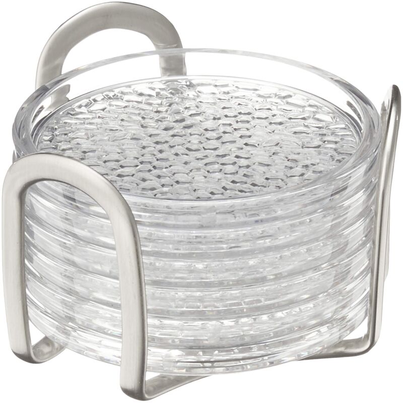 foto del prodotto idesign set utensili cucina, set sottobicchieri plastica e acciaio, pratico ed elegante set da 6 sottotazza da tavola con supporto, trasparente e