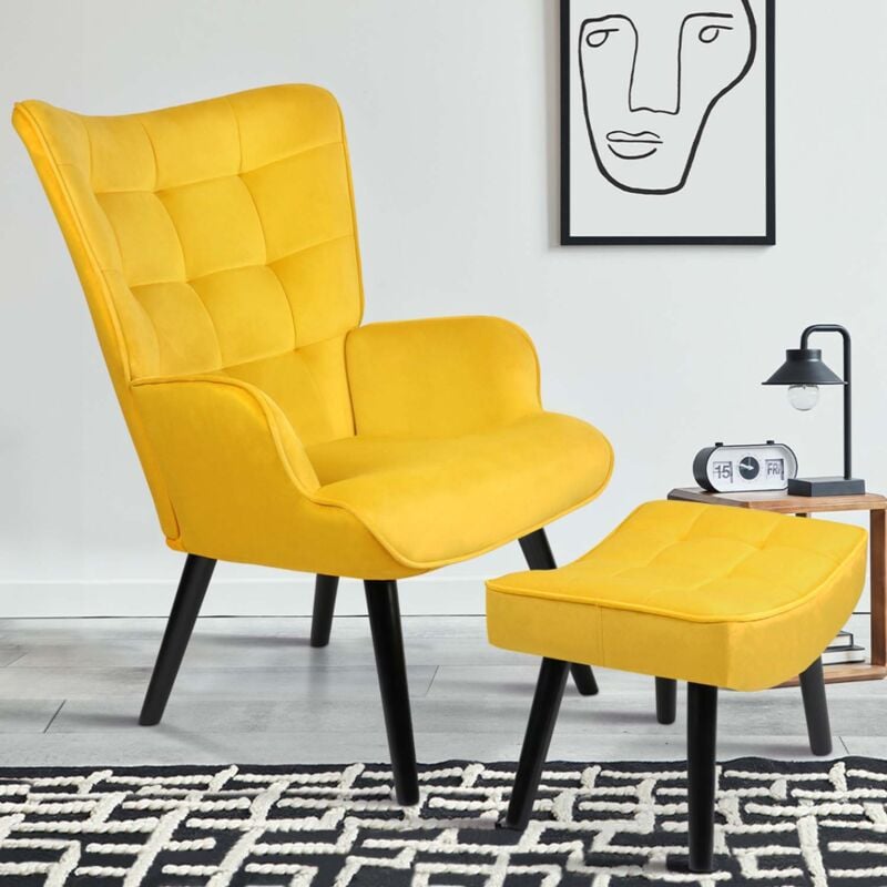 foto del prodotto idmarket ania poltrona scandinava con poggiapiedi in velluto giallo