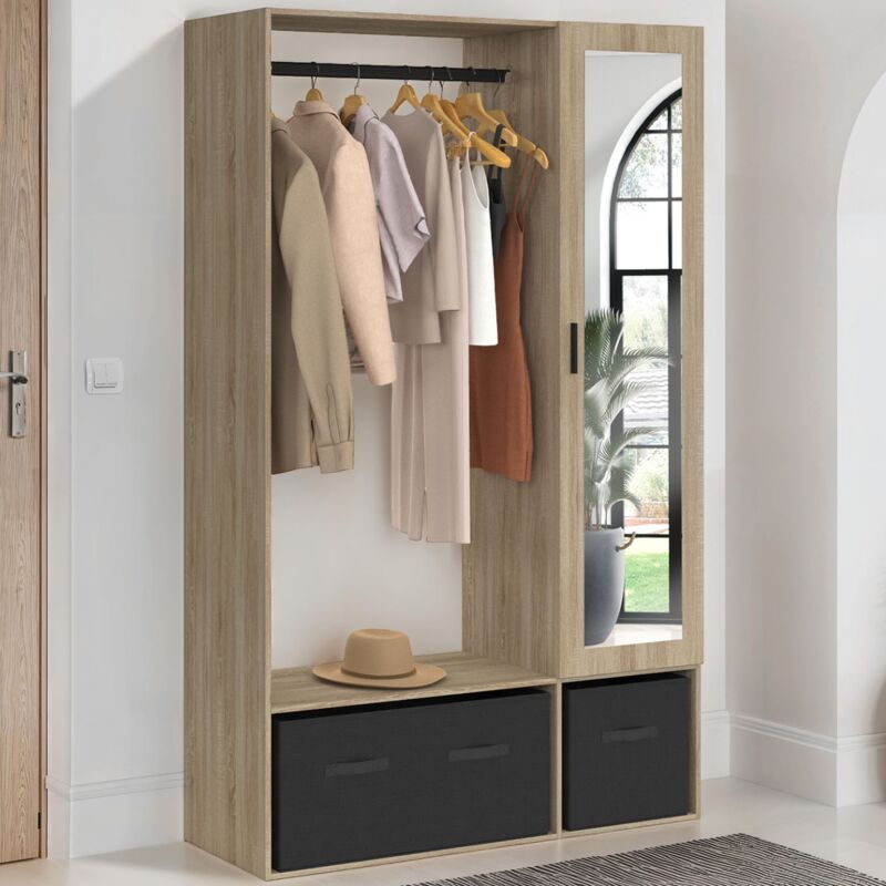 foto del prodotto idmarket armadio berenice 105 x 40 x 172 cm in faggio con ripiani contenitori neri specchio