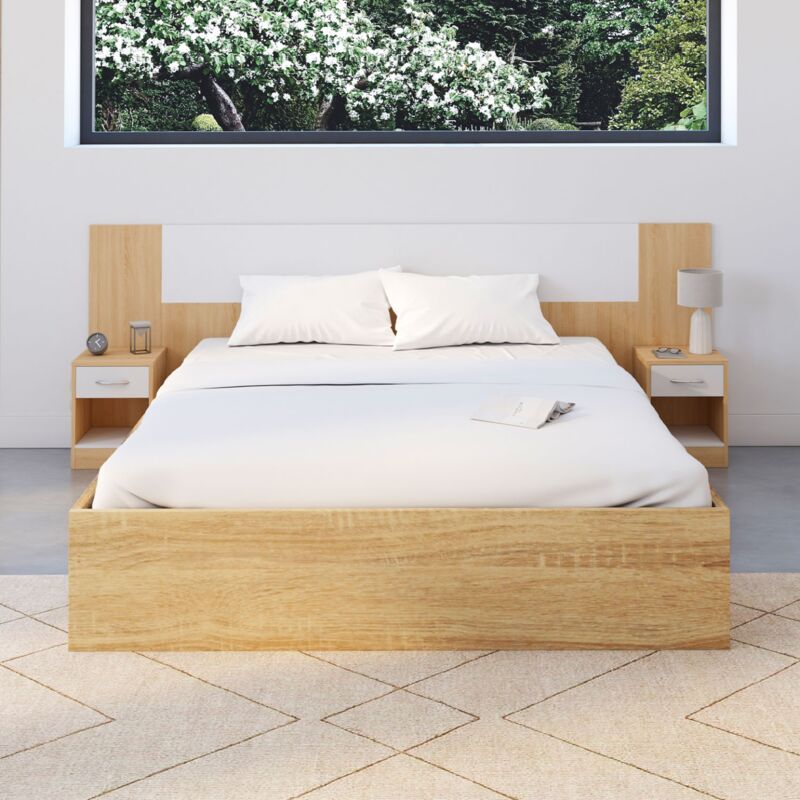 foto del prodotto idmarket cabecero sapa para cama 140 y 160 cm con mesillas efecto madera y blanco