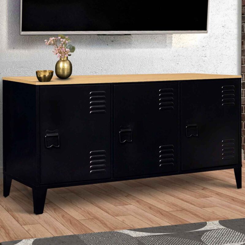 foto del prodotto idmarket credenza bassa a 3 ante, metal nero, vassoio in legno, design industriale ester