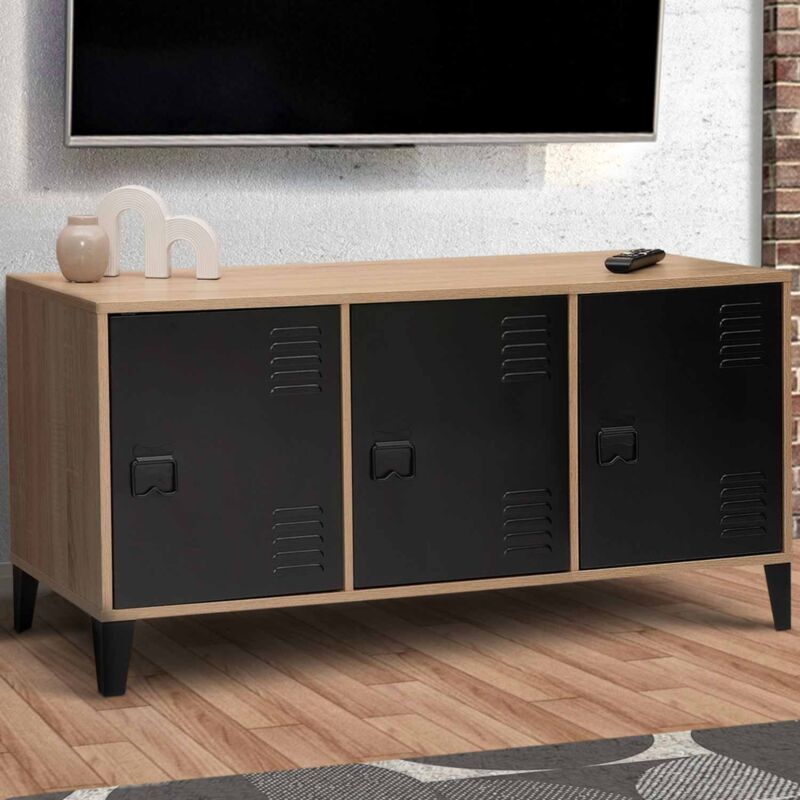 foto del prodotto idmarket credenza bassa ester 113 cm, legno, 3 ante in metallo nero, design industriale
