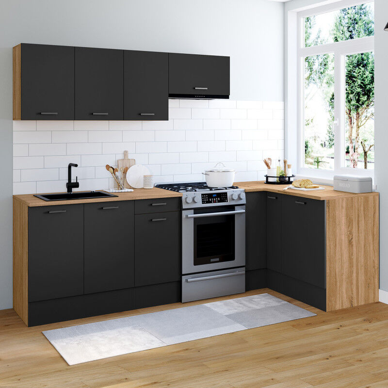 foto del prodotto idmarket cucina completa ad angolo 400 cm subtil con piano di lavoro a 7 elementi in legno e nero