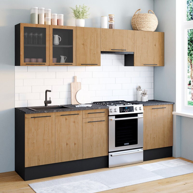 foto del prodotto idmarket cucina completa subtil da 240 cm con vetrina piano di lavoro a 7 elementi in legno e nero