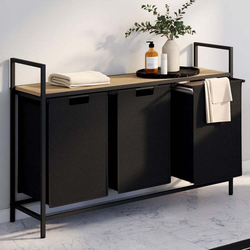 foto del prodotto idmarket detroit cesto portabiancheria a 3 scomparti in tessuto nero, design industriale