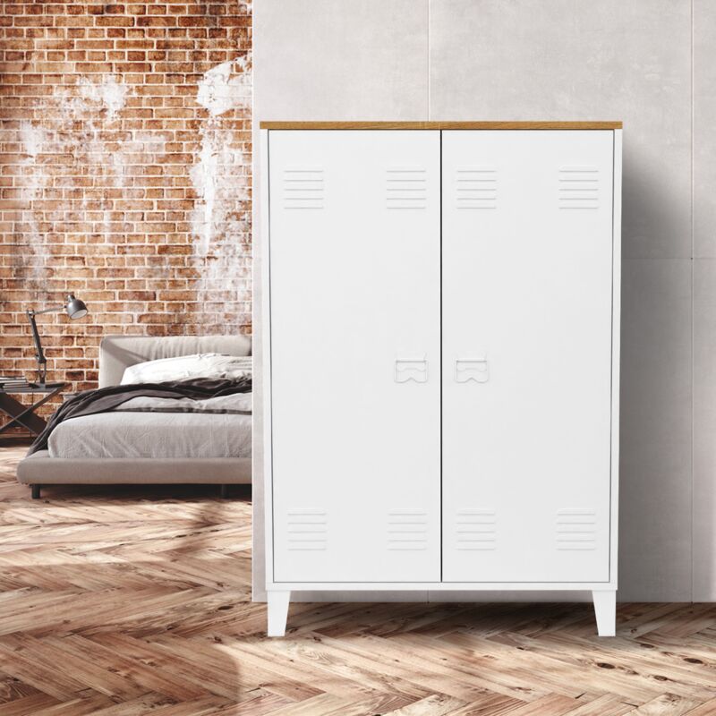 foto del prodotto idmarket ester armario de 2 puertas de metal blanco con encimera de madera de dise o industrial