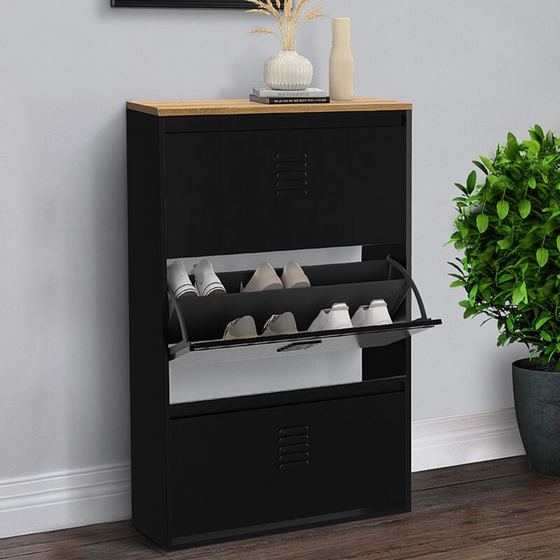 foto del prodotto idmarket ester zapatero de 3 puertas y 18 pares de metal negro con tapa de madera de dise o industrial