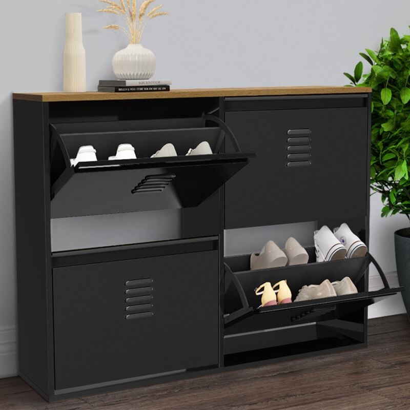 foto del prodotto idmarket ester zapatero de metal negro de 4 puertas para 20 pares con tapa de madera de dise o industrial
