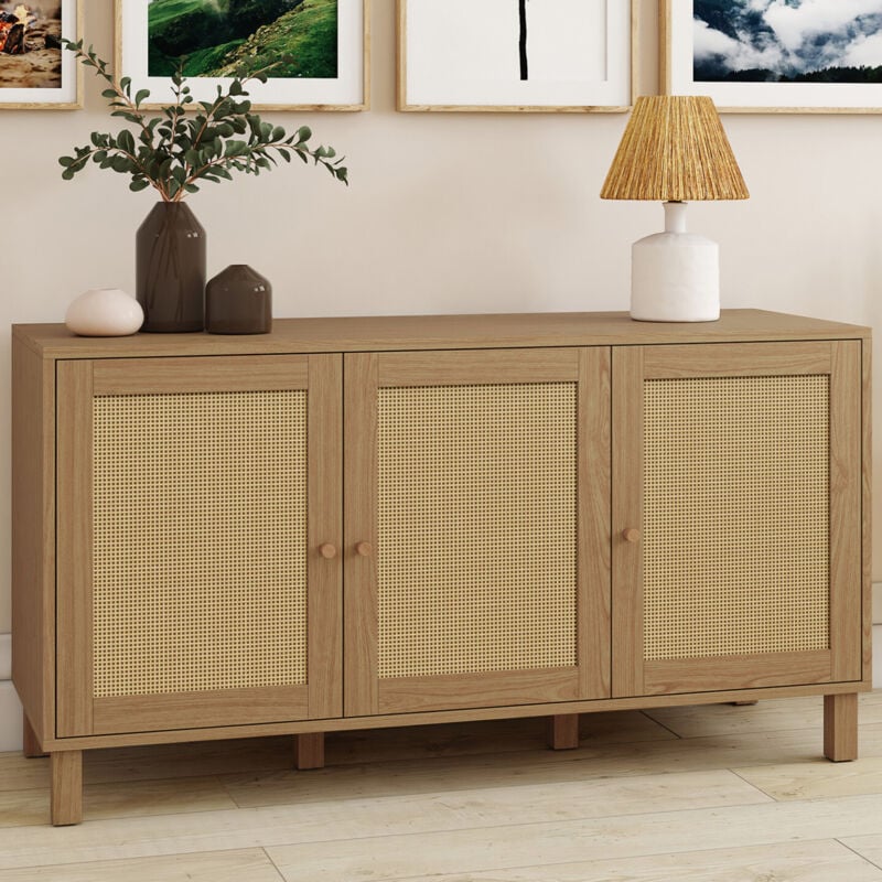 foto del prodotto idmarket hanae aparador bajo vintage de 3 puertas con efecto ca a natural 113 cm