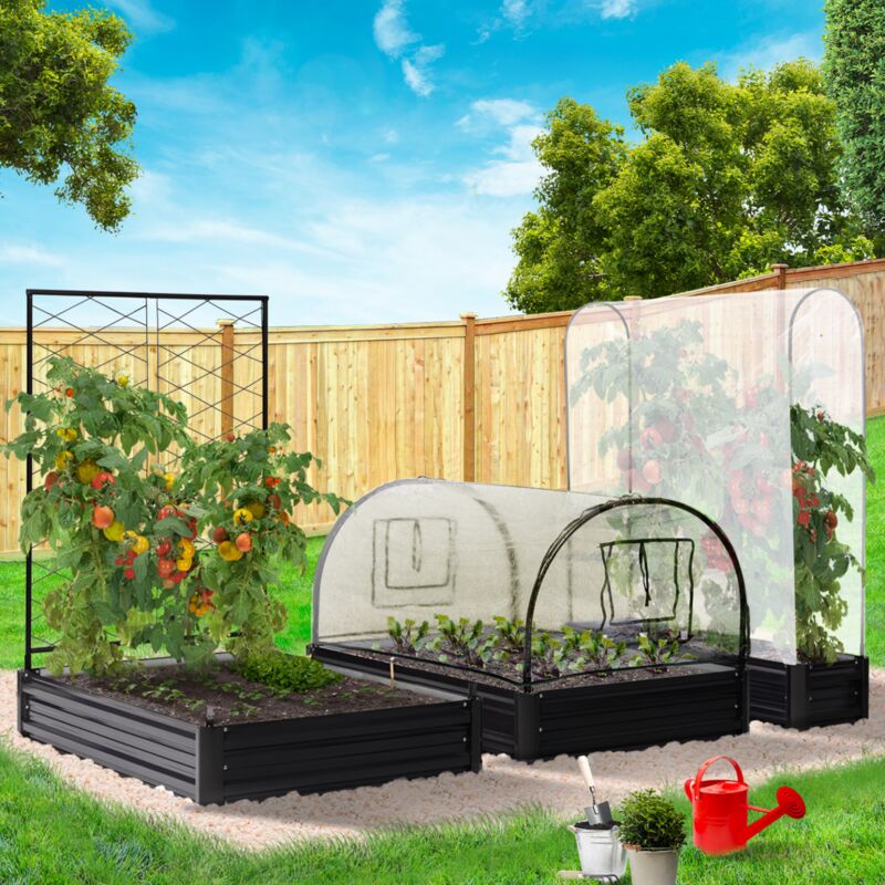 foto del prodotto idmarket kit completo di 3 vasche modulari in metallo per orto e serra di pomodori traliccio copertura