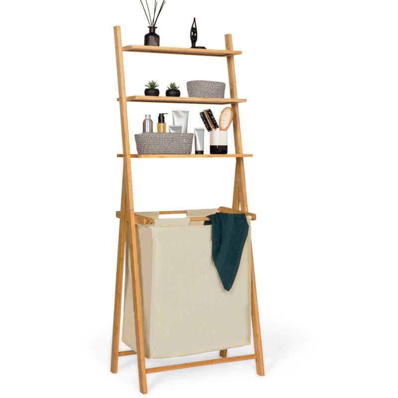 foto del prodotto idmarket - lana cesto portabiancheria a 2 scomparti in bambù con ripiani in tessuto ecrù