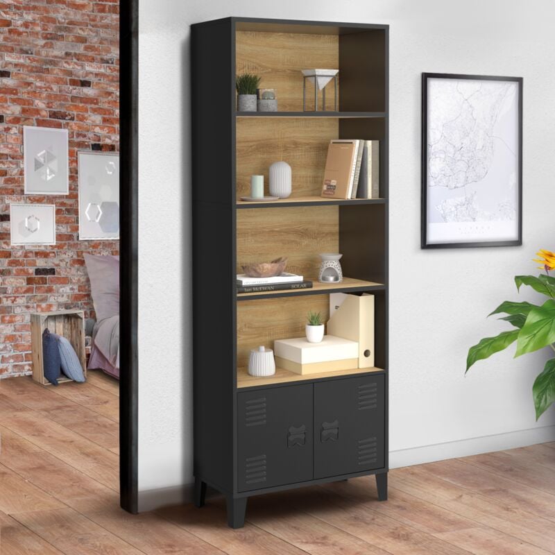 foto del prodotto idmarket libreria a 4 livelli con armadio ester con ante in metallo nero e piano in legno dal design industriale