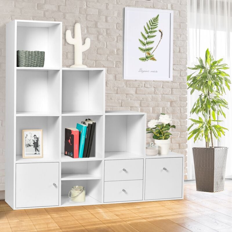 foto del prodotto idmarket libreria mobili a forma di scala a 4 livelli, in legno bianco con anta e cassetti liam
