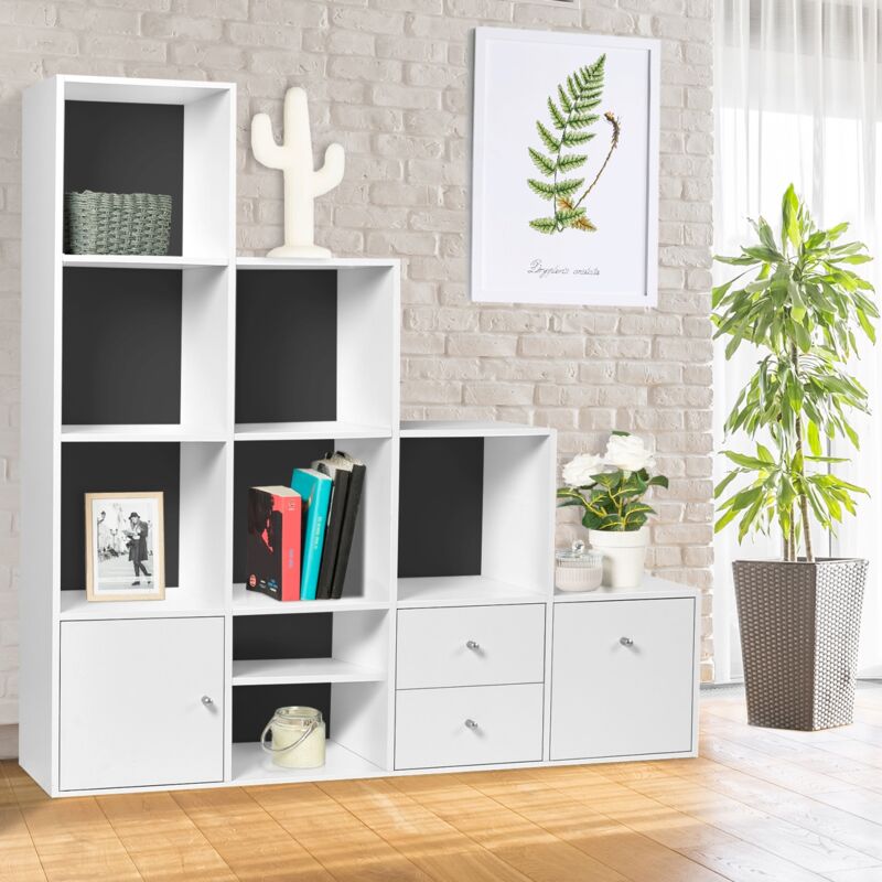 foto del prodotto idmarket libreria mobili a forma di scala a 4 livelli legno bianco ante cassetti bianchi fondo grigio liam