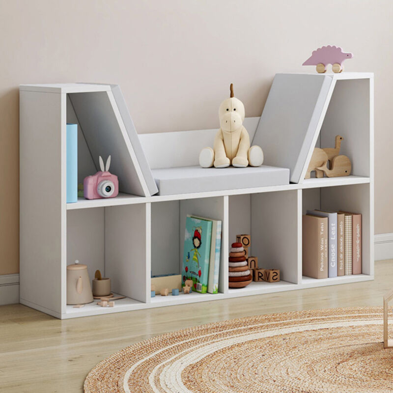 foto del prodotto idmarket libreria panca oscar 6 scomparti con cuscini grigi 102 cm bianco