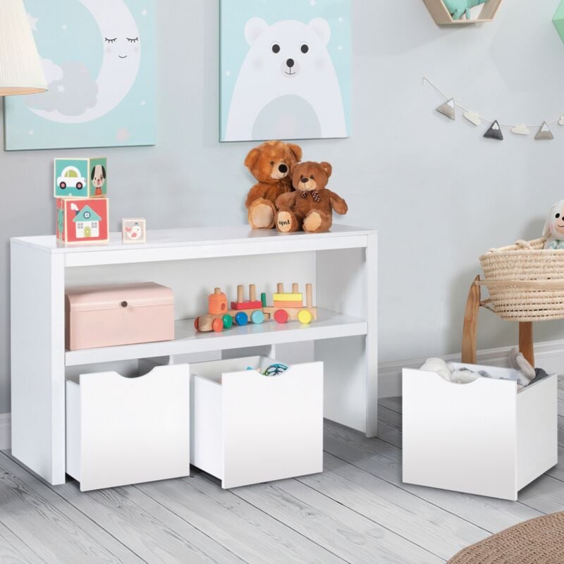 foto del prodotto idmarket libreria per bambini mana in legno bianco con 3 cassetti cubici su rotelle