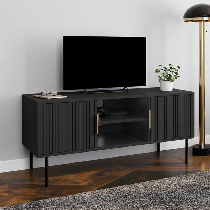 foto del prodotto idmarket meuble tv 110 cm marcel noir 2 portes effet lattes