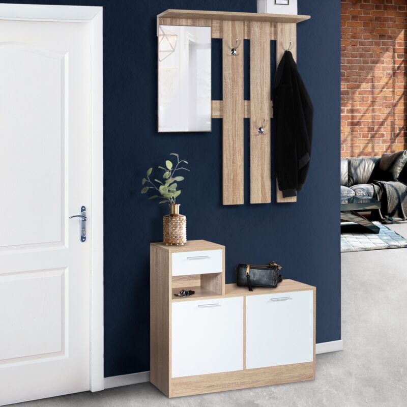 foto del prodotto idmarket mobile da ingresso, appendiabiti con specchio, design in legno faggio e ante bianco paulin