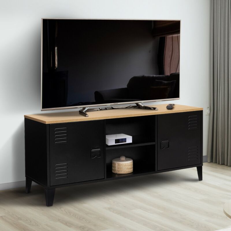 foto del prodotto idmarket mobile tv ester 113 cm con 2 ante in metallo nero e piano in legno industriale