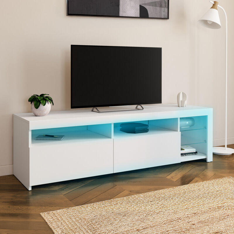foto del prodotto idmarket mobile tv solveig da 140 cm con mobili e ripiani in vetro led laccato bianco