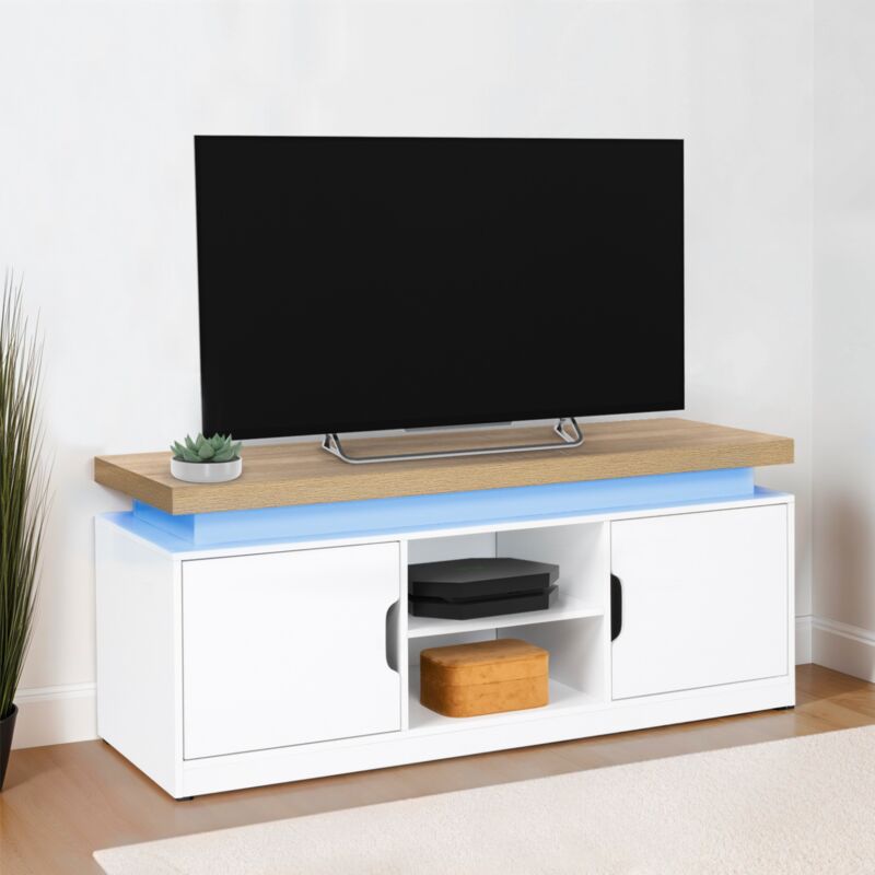 foto del prodotto idmarket mueble de tv luna 110 cm 2 puertas led blanco con encimera efecto madera
