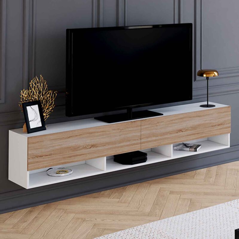 foto del prodotto idmarket mueble tv suspendido elio 2 puertas blanco con estantes de madera 180 cm