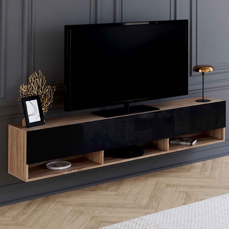 foto del prodotto idmarket mueble tv suspendido elio con estante de 2 puertas en madera y negro 180 cm