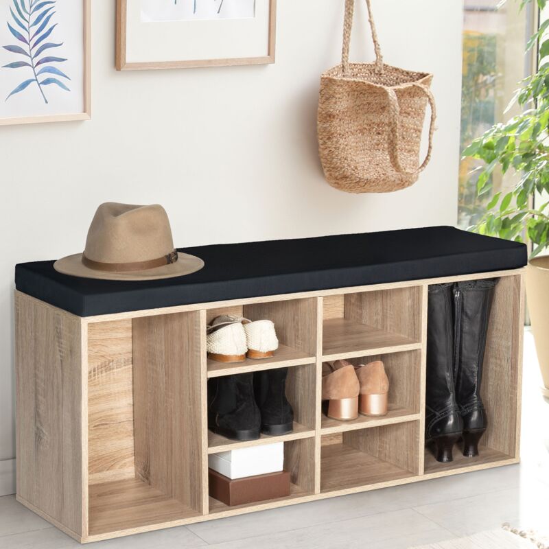 foto del prodotto idmarket panca ingresso scarpe in legno look faggio e cuscino nero teo