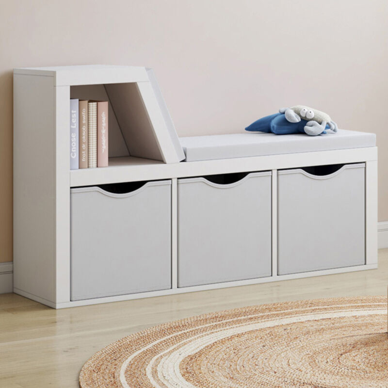 foto del prodotto idmarket panca libreria oscar 4 scomparti con cuscini grigi e vassoi in tessuto 102 cm bianco
