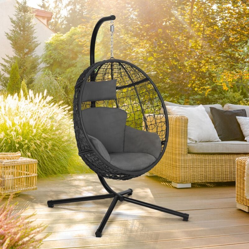foto del prodotto idmarket poltrona dondolo sospesa grigio con piedistallo con cuscino grigio