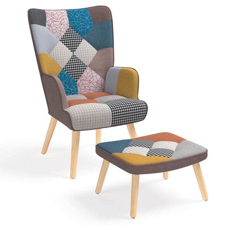 foto del prodotto idmarket - poltrona scandinava ivar con poggiapiedi in tessuto patchwork multicolore