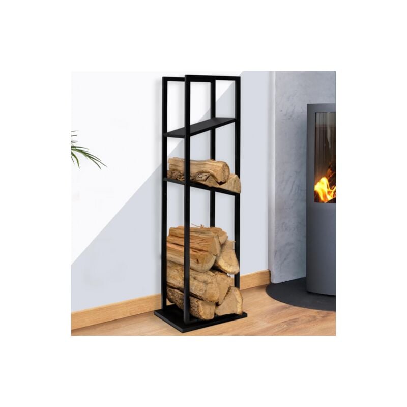 foto del prodotto idmarket portaceppi verticale in acciaio nero con 2 ripiani h.112 cm per caminetti