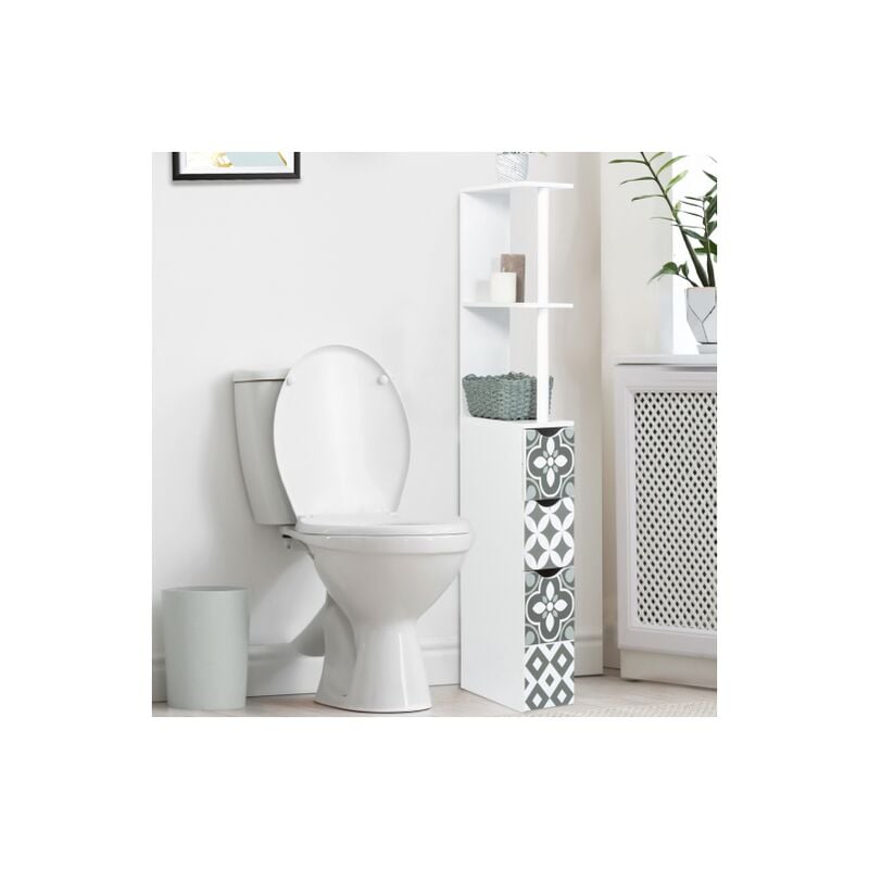 foto del prodotto idmarket scaffalatura per toilette a 3 ante in legno bianco con piastrelle in cemento grigio willy