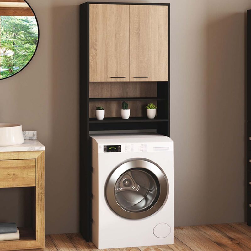 foto del prodotto idmarket scaffalatura wallis nera e in faggio per lavatrice e piano wc