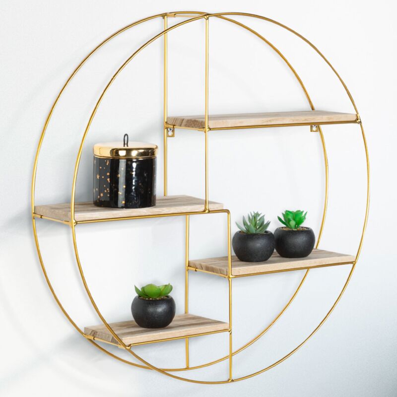 foto del prodotto idmarket scaffale rotondo a parete lily 4 livelli in legno e metallo dorato design industriale
