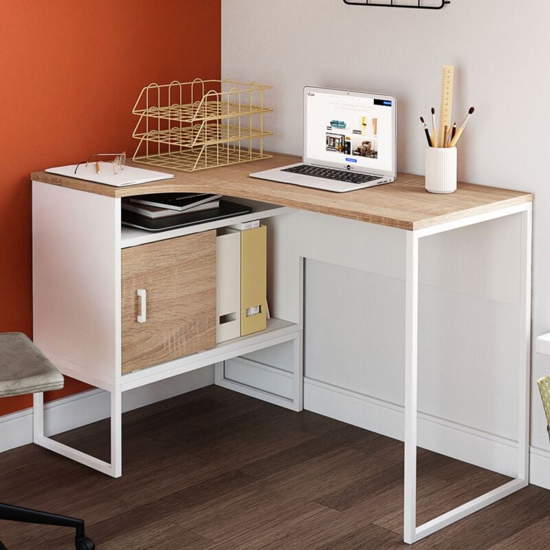 foto del prodotto idmarket scrivania angolare rob in bianco e faggio con nicchia di contenimento e anta dal design industriale